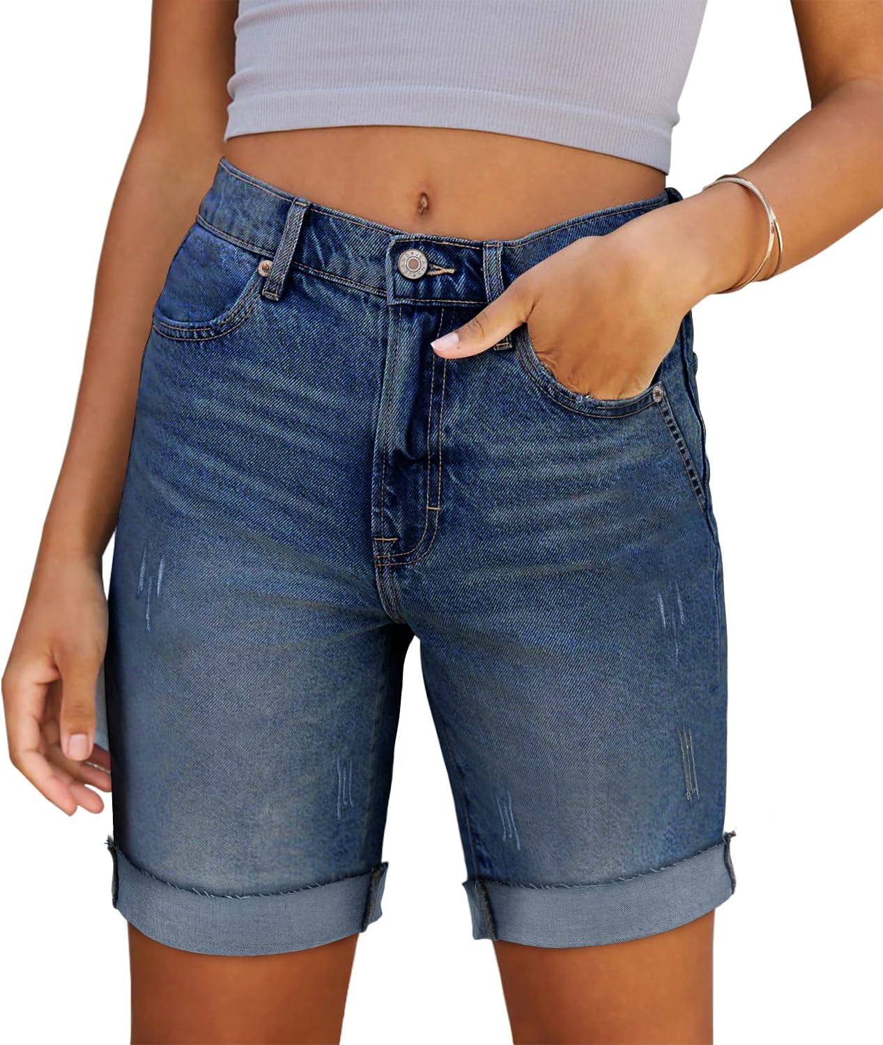 CHICZONE Womens Bermuda Jean Shorts Stretchy Mid Waisted Denim Shorts with Pockets