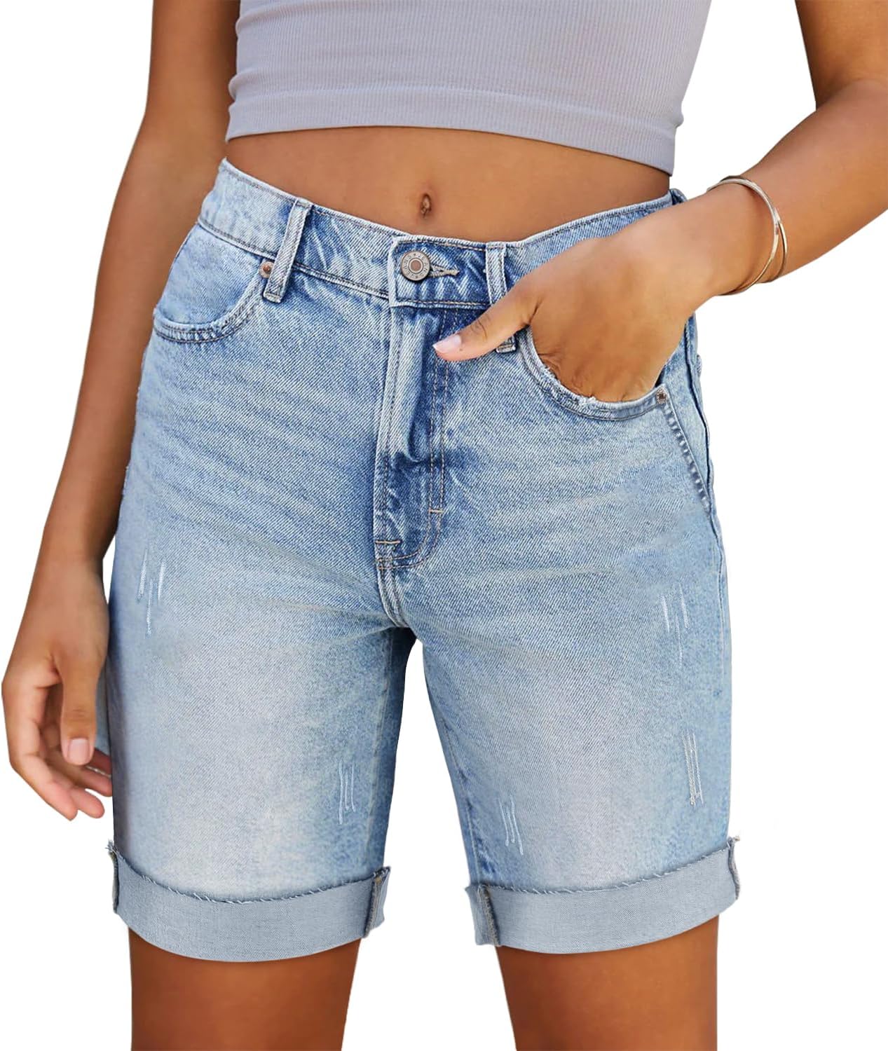 CHICZONE Womens Bermuda Jean Shorts Stretchy Mid Waisted Denim Shorts with Pockets