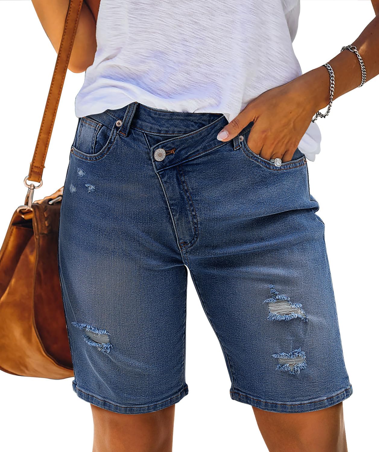 CHICZONE Womens Bermuda Jean Shorts Stretchy Mid Waisted Denim Shorts with Pockets