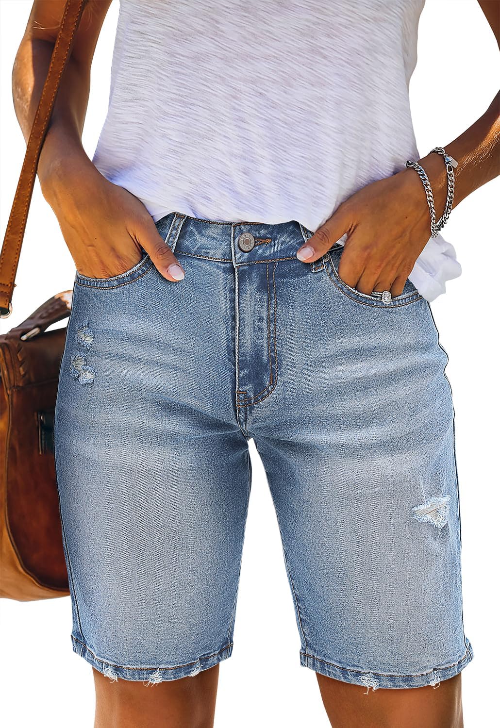 CHICZONE Womens Bermuda Jean Shorts Stretchy Mid Waisted Denim Shorts with Pockets