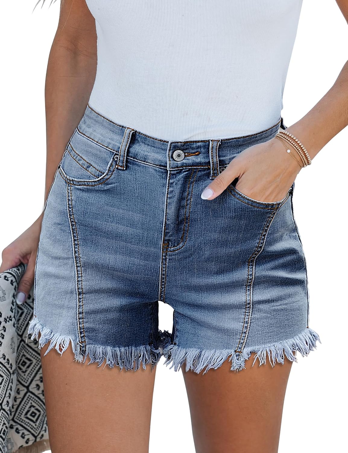 luvamia Jean Shorts for Women Trendy High Waisted Seamed Front Stretchy Denim Shorts Cut Off Frayed Hem Casual Summer