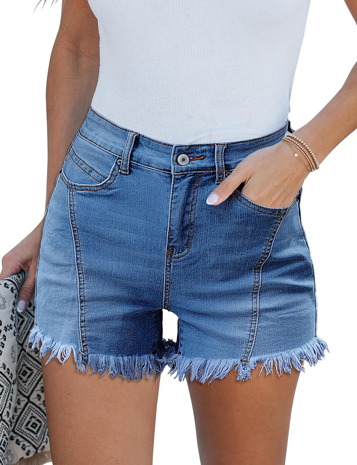 luvamia Jean Shorts for Women Trendy High Waisted Seamed Front Stretchy Denim Shorts Cut Off Frayed Hem Casual Summer